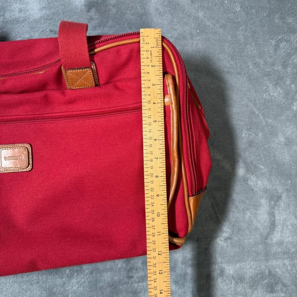 Lands End Red Canvas Duffle Bag Leather Trim Travel Carry On Weekender Luggage